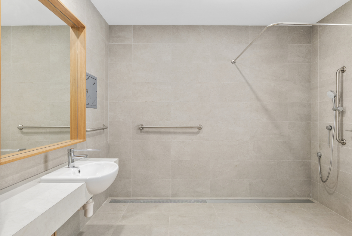 Villa ensuite — Paco Jaanson care fittings, roll-in shower